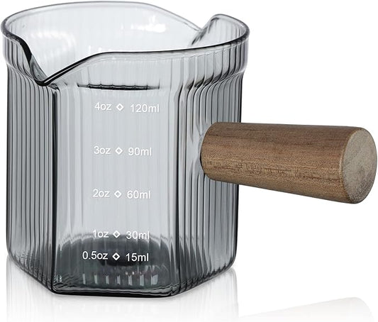 Joeyan 4 oz Grey Double Spouts Measuring Triple Pitcher Milk Cup with Wood Handle,Ribbed High Borosilicate Glass Measuring Cup, Espresso Shot Glasses