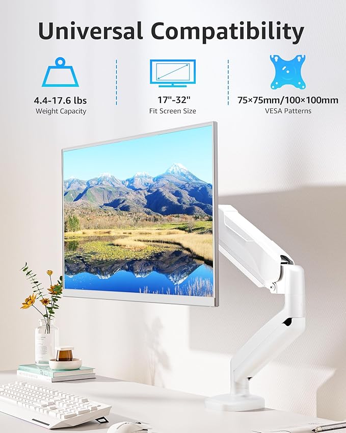 MOUNTUP Single Monitor Desk Mount Holds Screen up to 32 inch, Adjustable Gas Spring Monitor Arm, Computer Monitors Stand with Clamp/Grommet Mounting Base, VESA Mounts Fit 4.4-17.6lbs Computer, White