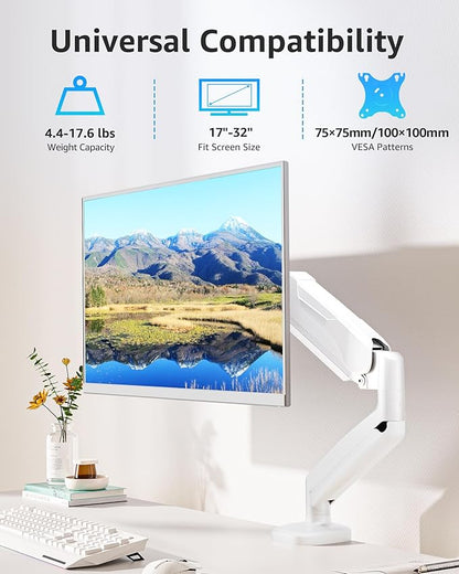 MOUNTUP Single Monitor Desk Mount Holds Screen up to 32 inch, Adjustable Gas Spring Monitor Arm, Computer Monitors Stand with Clamp/Grommet Mounting Base, VESA Mounts Fit 4.4-17.6lbs Computer, White