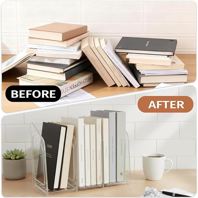 Clear Acrylic Book Stand 5-Section Vertical File Desk Organizer with Handle Detachable Magazine Rack for Office Closet & Kitchen Storage (White)
