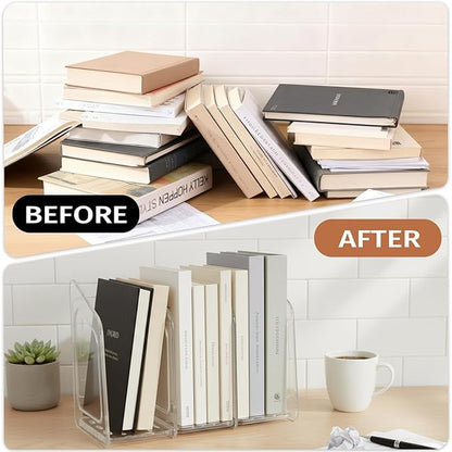 Clear Acrylic Book Stand 5-Section Vertical File Desk Organizer with Handle Detachable Magazine Rack for Office Closet & Kitchen Storage (White)