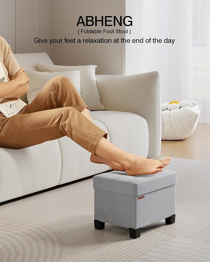 Cube Storage Ottoman, Velvet Foot Stool with Feet, Folding Storage Bench, End of Bed Bench, Storage Chest, for Living Room, Bedroom, 12.6 x 15.8 x 13.2 Inches, Dove Gray, ASND21G