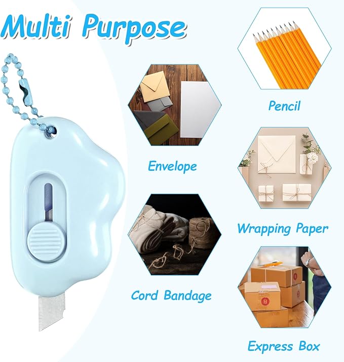Cloud Shaped Retractable Box Cutter Set - 10 Pack Mini Utility Knife Letter Opener Envelope Slitter, Small Package Opener Paper Cutters with Keychain Hole