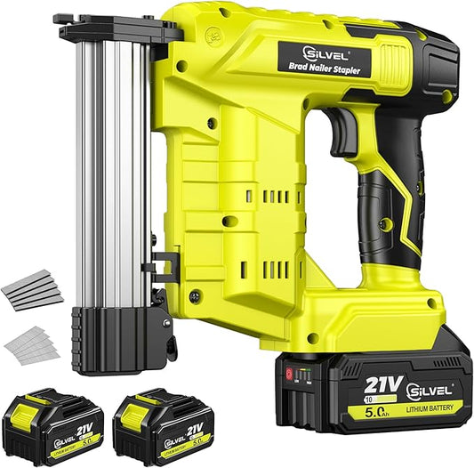 SILVEL 21V Cordless Nail Gun, 2-in-1 Electric Brad Nailer Stapler Gun with 2 * 5.0Ah Battery Powered, 1000pcs Nails, 18GA Staples,for Woodworking, Home Improvement, Carpentry, DIY Project Green