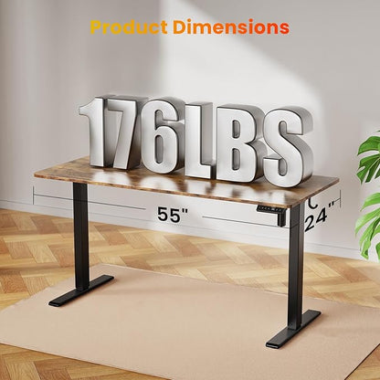55x24 Inches Height Adjustable Electric Standing Desk with 2 Hooks for Home Office, Ergonomic Sit Stand up Desk with Splice Board, Rustic Brown