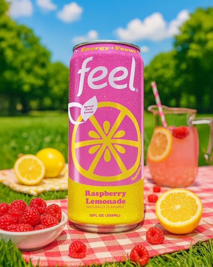 FEEL Zero Sugar Natural Energy Drink – Raspberry Lemonade, 140mg Plant-Based Caffeine with L-Theanine for Focus, Vitamin C for Immunity, Vegan, Non-GMO, No Artificial Sweeteners, 12 Fl Oz Cans (12-Pack)