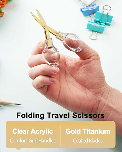 3.8” Folding Travel Scissors Set (2 Pcs), Safety Small Mini Foldable Scissors All Purpos, Clear Acrylic Comfort-Grip Handles, Gold Titanium Coated Blades for Craft, Sewing, Office Desk, Nurse