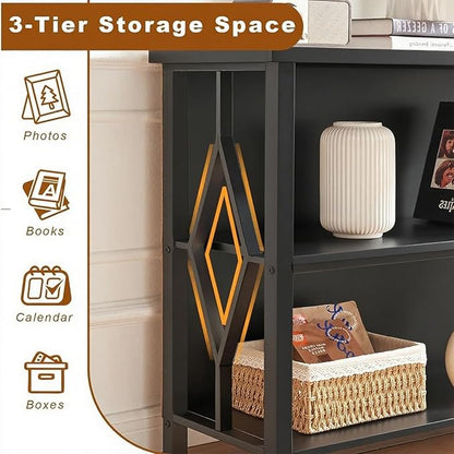HOMISSUE Bookshelf, 3-Tier Rustic Short Bookshelf, Industrial Shelf Bookcase with Engineered Wood Shelves, Low Bookcase with Storage, Small Shelf for Living Room, Bedroom and Office, Black
