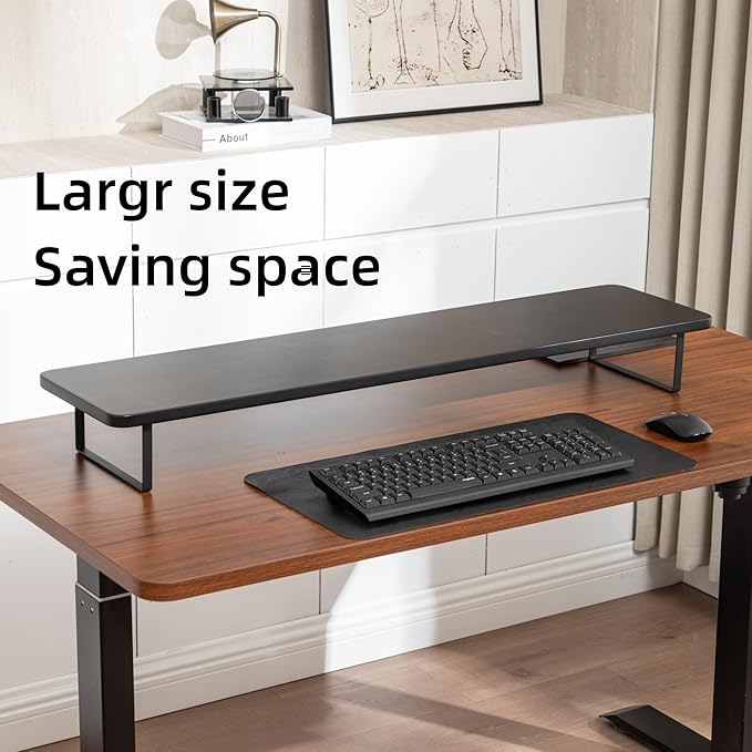 Dual Monitor Stand Riser,41.3'' Solid Bamboo&Steel Computer Monitor Riser, large monitor stand Suitable for 2 Monitors, Tvs, and Printers- (Black)