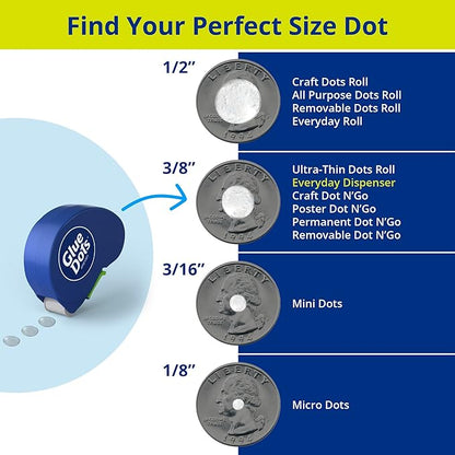Glue Dots, Dispenser for everyday uses, 125 Dots, 3/8", .375 Inches, Movable, Repositionable, Multi-Functional, Label Containers, Glue Stick and Tape Alternative, Clear
