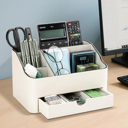 KINGFOM Desk Organizer with Drawer, Multifunction Pencil Holder for Desk, Desk Organizer and Accessories 5 Comparetments for Home Office Supplies (Ivory White)