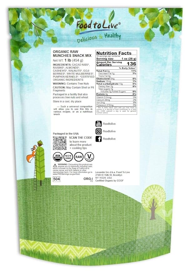 Food to Live - Organic Raw Munchies Snack Mix, 1 Pound - Raw and Non-GMO Snack Mix Contains Cacao Nibs, Raisins, Almonds, Cashews, Walnuts, Goji Berries, Mulberries, Pumpkin Seeds