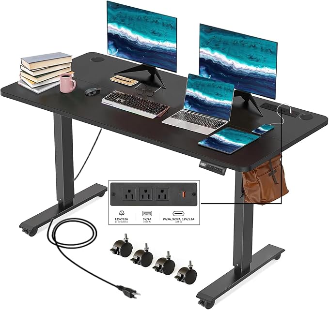 Electric Standing Desk 48 x 24 Inches Adjustable Height Sit Stand Up Desk for Home Office Computer Workstation with 2 USB Ports 3 AC Power Outlets Memory Preset and Wheels, Black