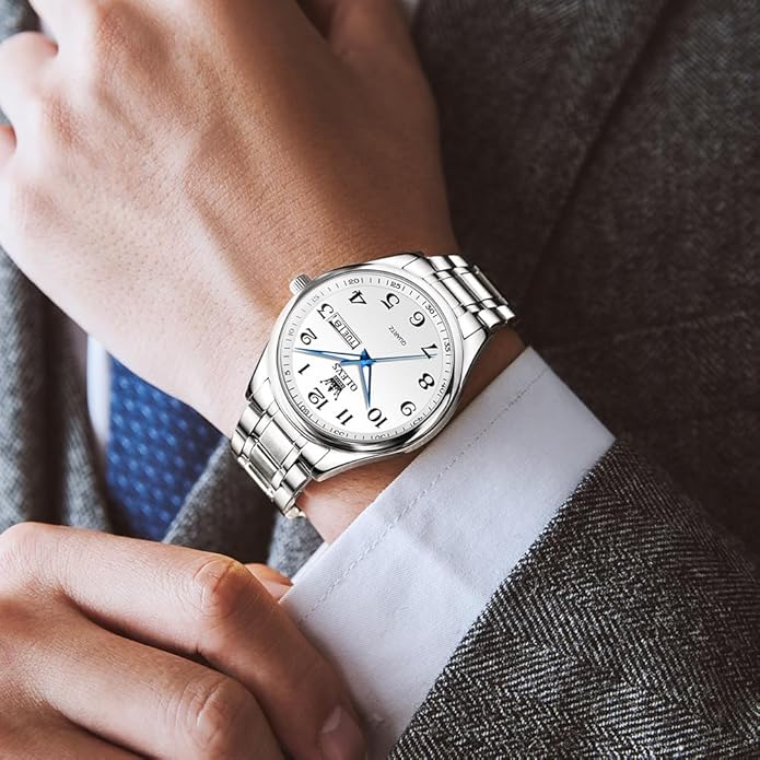Men's Casual Stainless Steel Watch, Big Face Easy to Read Analog Quartz Watch with Day and Date, Classic Waterproof Diamond Roman Arabic Numerals Dial Dress Watch for Men, Gold Silver Black Band