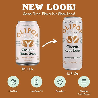 OLIPOP Prebiotic Soda Pop, Classic Root Beer, Pantry Pack Packed with Prebiotics, Fiber, and Botanicals, Gluten Free, Vegan, GMO Free, 12oz Skinny (12-Cans)