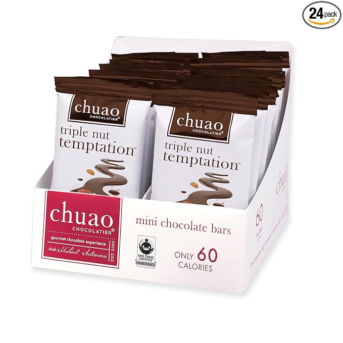 Chuao Chocolatier Triple Nut Temptation Dark Mini Chocolate Bars | Gourmet Pistachios Almonds Hazelnuts No Preservatives | 24 Pack (0.39 oz each)