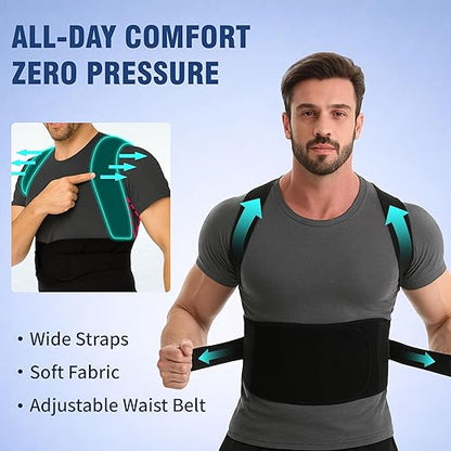 Back Brace Support Posture Corrector for Women & Men – Full Back Support for Upper, Mid & Lower Back Pain Relief, Ergonomic 3-in-1 System Improves Posture & Helps with Slouching, Rounded Shoulders, L (33–37 in waist)