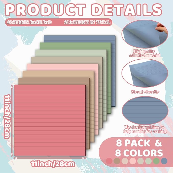 8 Pads Big Sticky Notes 11 x 11 Inch Lined Jumbo Large Sticky Notes for Wall,Giant Strong Power Memo Square Post for Office, 25 Sheets/Pad(Retro Color)