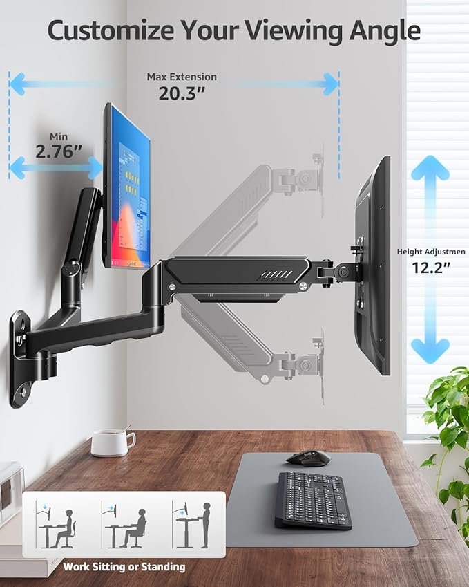 MOUNTUP Dual Monitor Wall Mount for 2 Max 32 Inch Computer Screen, Fully Adjustable Gas Spring Double Monitor Arm, Wall Mounted Monitor Holder Support 4.4-19.8lbs Display, VESA Bracket 75x75, 100x100