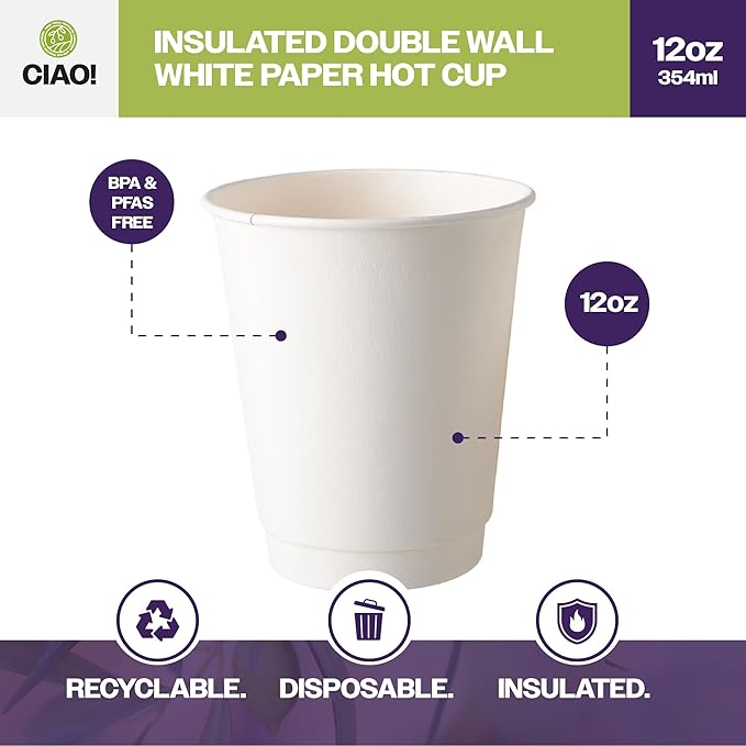 CIAO! 12 oz Insulated Double Wall White Paper Hot Cup, 90 mm Diameter, 500 Count