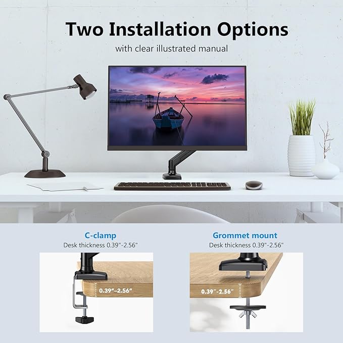 Single Arm Monitor Desk Mount for 13-32 inch Screen, Tilt, Swivel, Rotation, Ergonomic Gas Spring Monitor Stand with Cable Management, VESA 75/100mm