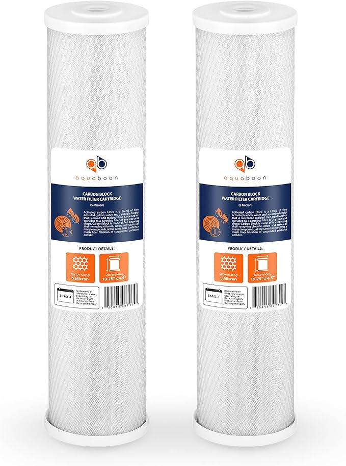 Aquaboon 4,5 x 20 inch Carbon Filter Cartridge - 5 Micron Coconut Shell CTO Filter - Whole House Well Water Filtration - Matches DB20P, CTO20BB, Pentek FLOPLUS-20BB, 155312-43, CBC-20BB (2 Pack)