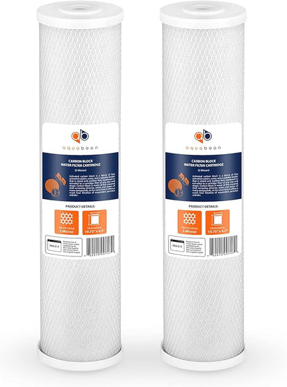 Aquaboon 4,5 x 20 inch Carbon Filter Cartridge - 5 Micron Coconut Shell CTO Filter - Whole House Well Water Filtration - Matches DB20P, CTO20BB, Pentek FLOPLUS-20BB, 155312-43, CBC-20BB (2 Pack)