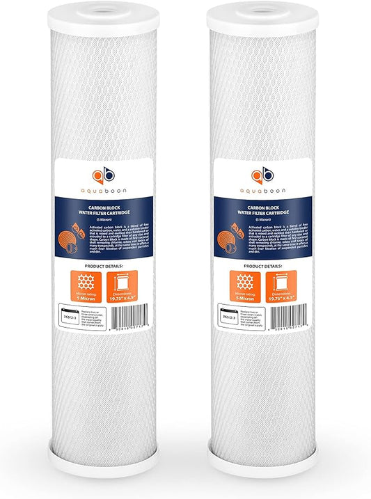Aquaboon 4,5 x 20 inch Carbon Filter Cartridge - 5 Micron Coconut Shell CTO Filter - Whole House Well Water Filtration - Matches DB20P, CTO20BB, Pentek FLOPLUS-20BB, 155312-43, CBC-20BB (2 Pack)