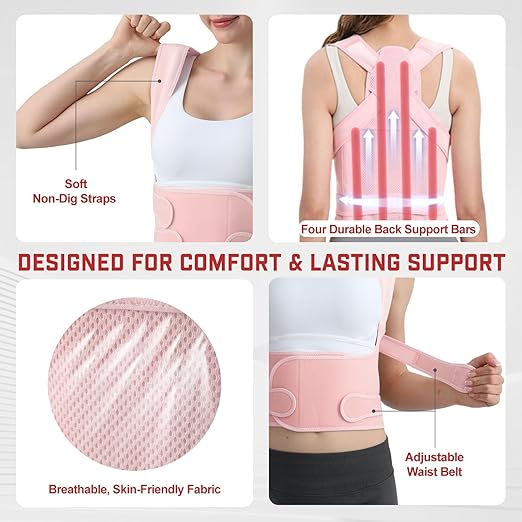 Posture Corrector for Women & Men, Adjustable Back Brace Shoulder Straightener with Full Back Support for Upper & Lower Back Pain, Spine Alignment, Hunchback, Scoliosis Relief (Medium, Pink)