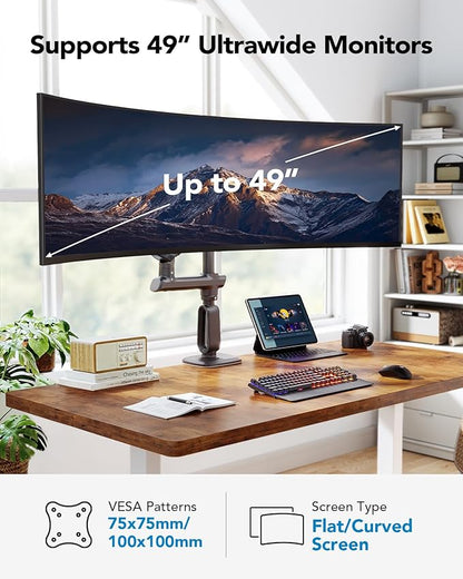 HUANUO Heavy Duty Monitor Arm for Ultrawide Screens up to 49", Holds 40 lbs, Aluminum Ultrawide Single Monitor Stand with 29.1" Max Height, Fully Adjustable Desk Mount, Max VESA 100x100mm