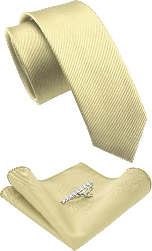 JEMYGINS 2.4" Solid Color Skinny Tie and Pocket Square with Tie Clip Sets for Men (6cm)