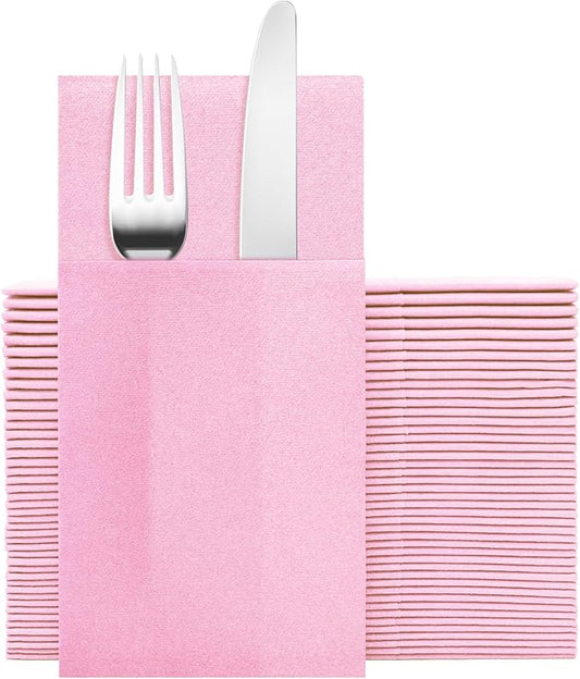 Pink Napkins Hand Towels Disposable, Linen-Feel Dinner Napkins with Prefolded Built-in Flatware Pocket, Guest Paper Hand Towels For Wedding, Dinner Or Party (16x16in, 50Pack）