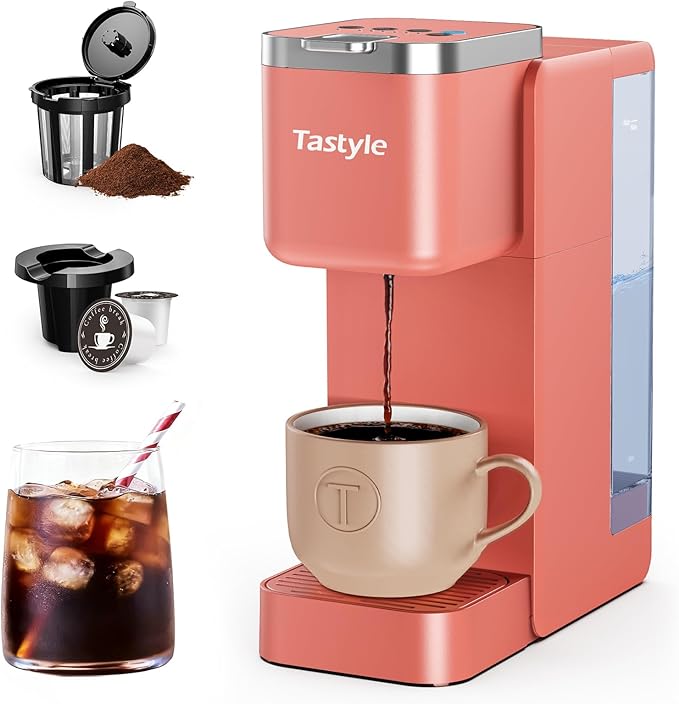 Single Serve Coffee Maker – Iced & Hot, K-Cup & Ground Compatible, 40oz Reservoir, 6–24oz Brew Sizes, Red