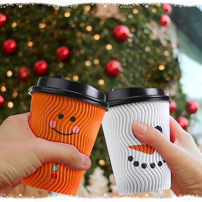 Foaincore 100 Sets Christmas Disposable Coffee Cups 12 oz Insulated Ripple Wall Paper Cup with Lid, Xmas Disposable Coffee Espresso Cups Tea Cups for Cold Hot Liquids Drinking Party Supplies (Cute)