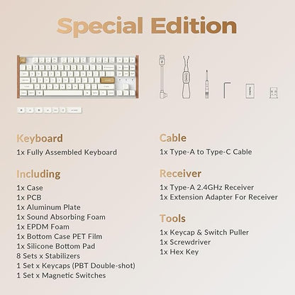 Keychron K8 HE TKL Wireless Bluetooth 2.4G Wired Triple Mode Hot Swappable Hall Effect Keyboard with QMK VIA Aluminum+Wood Frame Rapid Trigger for Mac Windows Linux-White