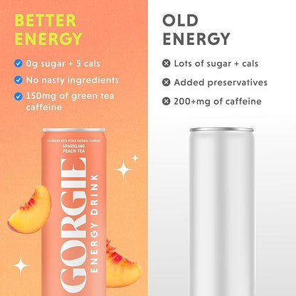 GORGIE Sugar Free Natural Energy Drinks, Peach (12 Pack) - Healthy Energy Drinks - Natural Coffee Replacement with Green Tea Caffeine and Biotin - 150mg Caffeine, Vegan, & Low Calorie
