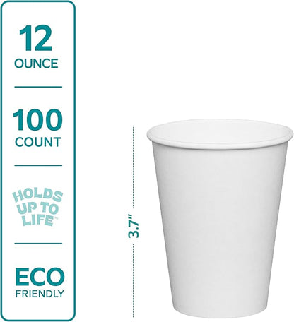 GUSTO White Paper Cups [12 oz - 100 Count] Disposable Coffee Cup for Hot Drinks – Sturdy & Eco-Friendly – Paper Cups for Tea, Cocoa & More – (Formerly Comfy Package)