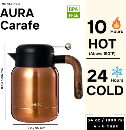 Aura Thermal Coffee Carafe Tea Pot for Keeping Hot & Iced Cold - Vacuum Insulated - Thermos Water Pitcher - Beverage Dispenser - Cool Touch Handle & Lid - BPA Free - 1 Liter - Copper