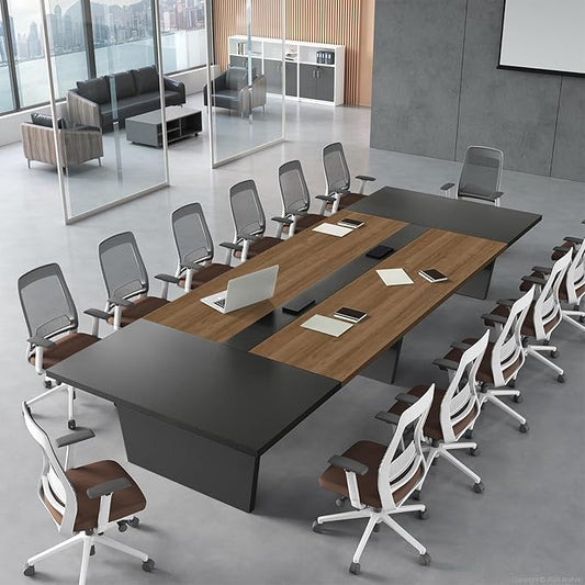 10FT Conference Table, Large Rectangular Seminar Meeting Table, Modern Conference Room Table with Cable Management & 2" Thickened Desktop for Office (Walnut + Grey, 118" L * 51" W * 30" H)