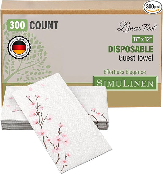 SimuLinen Cherry Blossom Disposable Guest Towels - Cloth-Like, Single-Use, Linen Feel Paper Towels, 12x17", 300ct (Made in Germany)