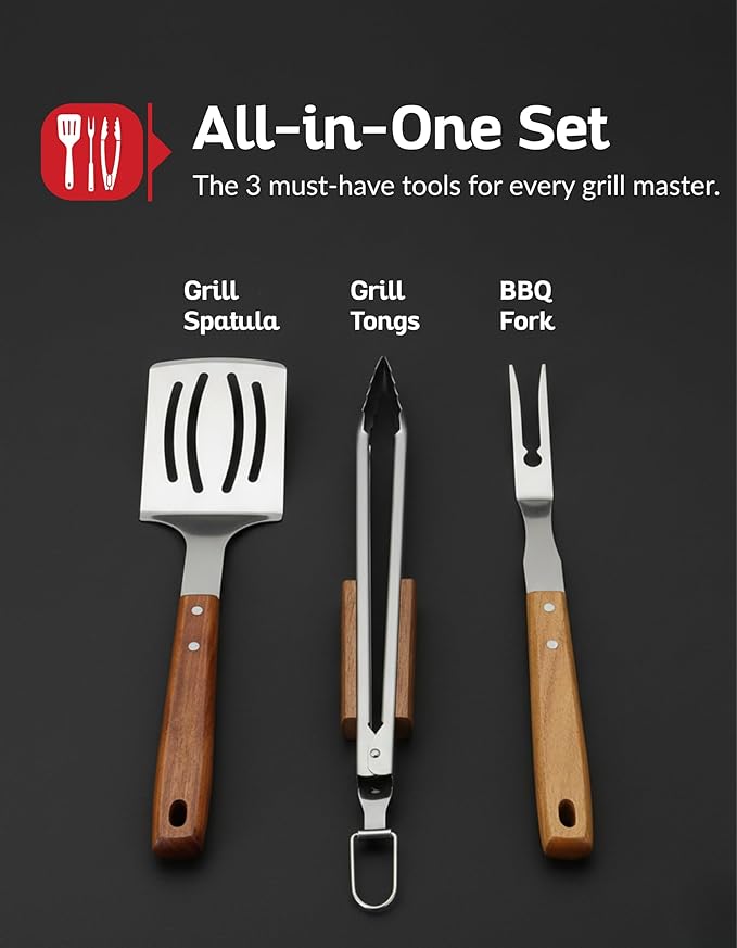 Accacia Wood 3 PCS BBQ Tool Set – Stainless Steel Grill Accessories Kit with Spatula, Fork & Tong – Heavy Duty Barbecue Utensil Set for Outdoor Cooking, Camping & Backyard BBQ