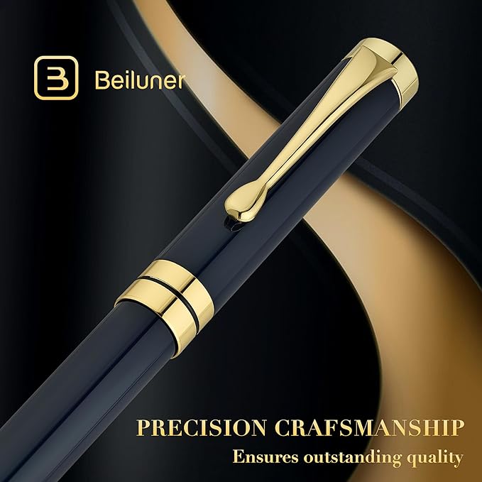BEILUNER Ballpoint Pens, Stunning Blue Chrome Metal Pen with Golden Trim, Best Ball Pen Gift Set for Men & Women, Graduation, Executive, Office, Nice Office-Gift Box with 0.5mm Black Extra Refill