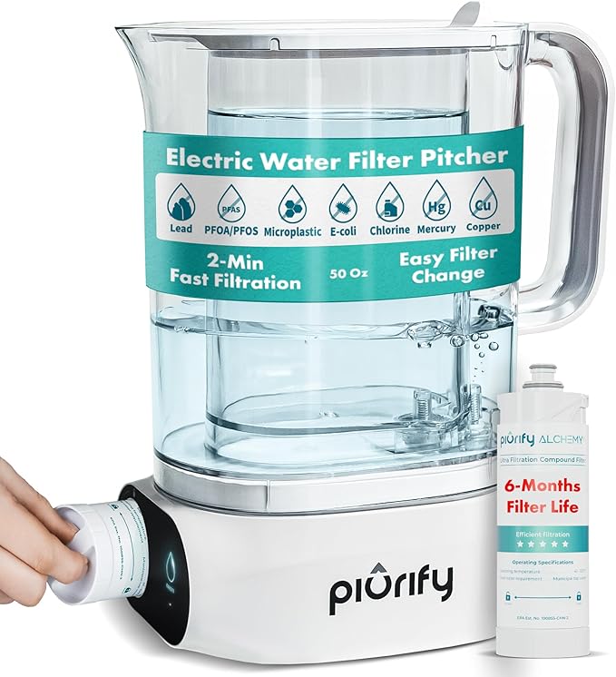 Compact 50oz Countertop Electric Water Filter Pitcher – Removes 99% of Lead, PFAS & Chlorine – 6-Month UltraFiltration