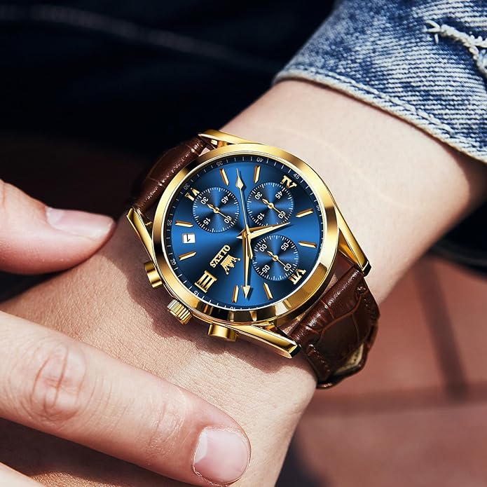 OLEVS Men's Chronograph Leather Watch, Big Face Easy to Read Analog Quartz Dress Watch, Casual Waterproof Luminous Hands Date Watches for Men, White/Blue/Black/Gold Dial