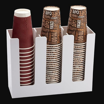 Tirifer Disposable Paper Cup Dispenser, Acrylic Coffee Cup and Lid Storage Organizer Holder, Coffee Milk Tea Shop Restaurant Accessories Christmas Party Supplies, 3 Compartments, White