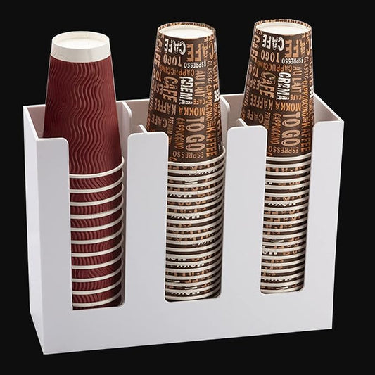 Tirifer Disposable Paper Cup Dispenser, Acrylic Coffee Cup and Lid Storage Organizer Holder, Coffee Milk Tea Shop Restaurant Accessories Christmas Party Supplies, 3 Compartments, White