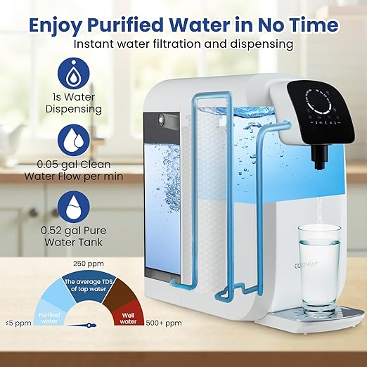 COSTWAY Countertop Reverse Osmosis Water Filter, 5-Stage RO + PPC Water Filtration System with UV Light Treatment, 4:1 Pure to Drain Portable Purifier for Home Kitchen, No Installation Required