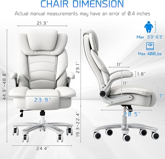 GYI Big and Tall Office Chair 400lb Wide Seat, Ergonomic High Back Leather Executive Desk Chair with Flip-up Arms, White