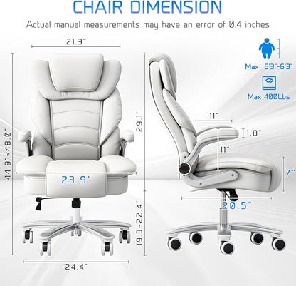 GYI Big and Tall Office Chair 400lb Wide Seat, Ergonomic High Back Leather Executive Desk Chair with Flip-up Arms, White