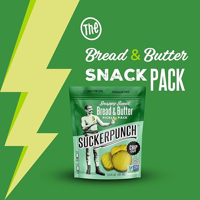 SuckerPunch Snappy Sweet Bread N’ Butter Dill Pickles Chip-Cut, Gluten Free, Kosher, Sugar Free, Low Calorie, Low Carb, on the Go, Non GMO, Keto Friendly, Vegan, 3.4 Oz Single Serve Pouch (12 Pack)